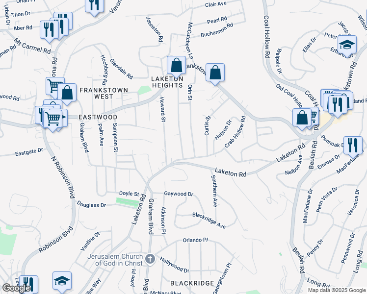 map of restaurants, bars, coffee shops, grocery stores, and more near 285 Evaline Street in Penn Hills
