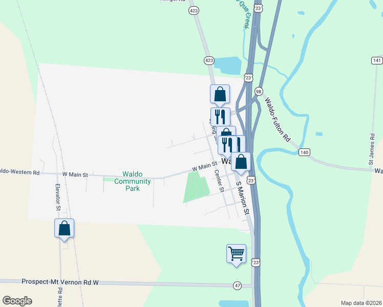 map of restaurants, bars, coffee shops, grocery stores, and more near 161 Center Street in Waldo