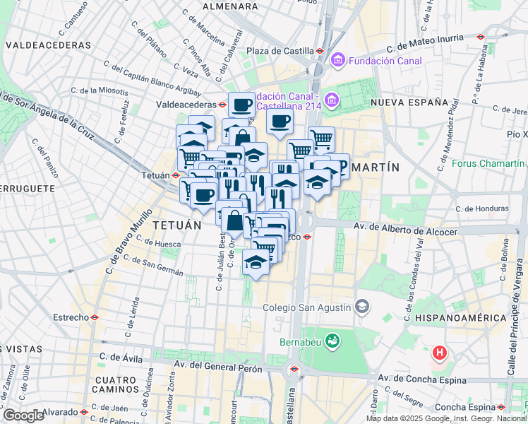 map of restaurants, bars, coffee shops, grocery stores, and more near 6 Calle de Sor Ángela de la Cruz in Madrid