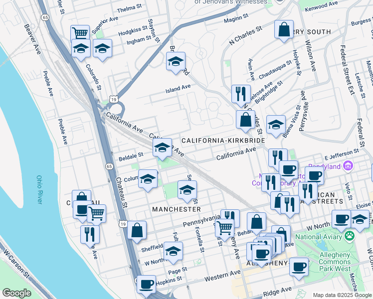 map of restaurants, bars, coffee shops, grocery stores, and more near 1144 Kirkbride Street in Pittsburgh