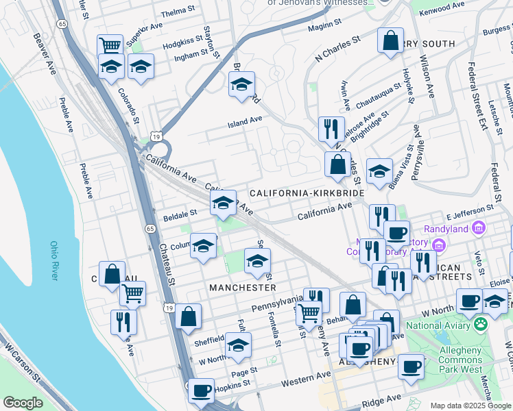 map of restaurants, bars, coffee shops, grocery stores, and more near 1144 Kirkbride Street in Pittsburgh