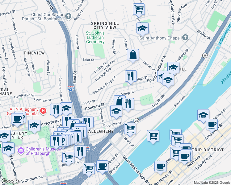 map of restaurants, bars, coffee shops, grocery stores, and more near 1061 Spring Garden Avenue in Pittsburgh