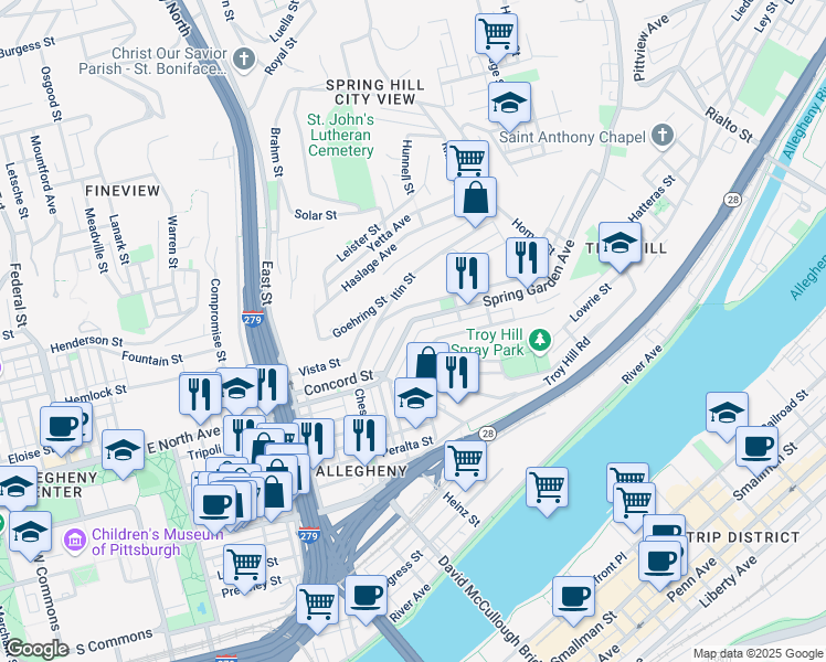 map of restaurants, bars, coffee shops, grocery stores, and more near 1061 Spring Garden Avenue in Pittsburgh