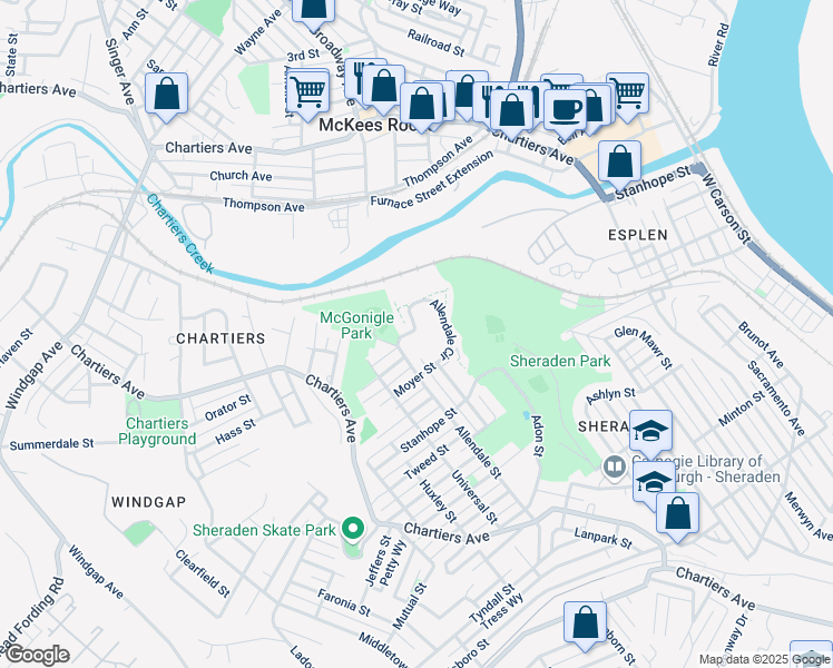 map of restaurants, bars, coffee shops, grocery stores, and more near 3614 Allendale Circle in Pittsburgh