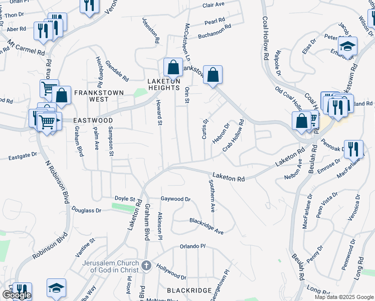 map of restaurants, bars, coffee shops, grocery stores, and more near 285 Evaline Street in Penn Hills