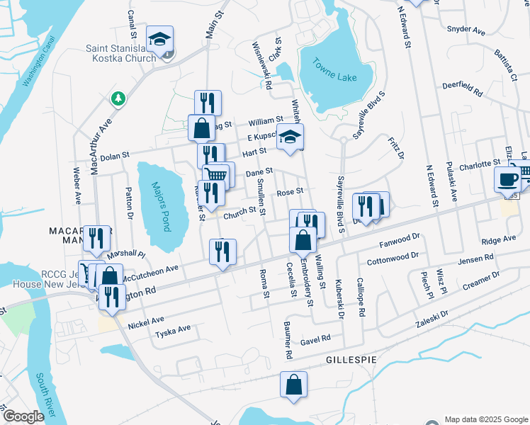 map of restaurants, bars, coffee shops, grocery stores, and more near 38 Smullen Street in Sayreville