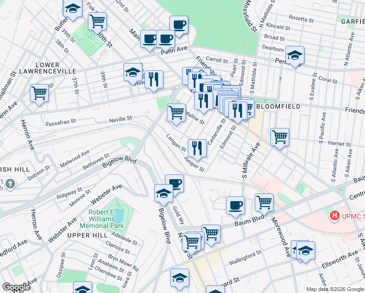 map of restaurants, bars, coffee shops, grocery stores, and more near 4617 Lorigan Street in Pittsburgh