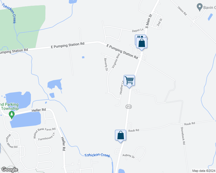 map of restaurants, bars, coffee shops, grocery stores, and more near 1161 Virginia Way in Quakertown