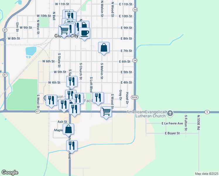 map of restaurants, bars, coffee shops, grocery stores, and more near 507 South Wood Street in Gibson City