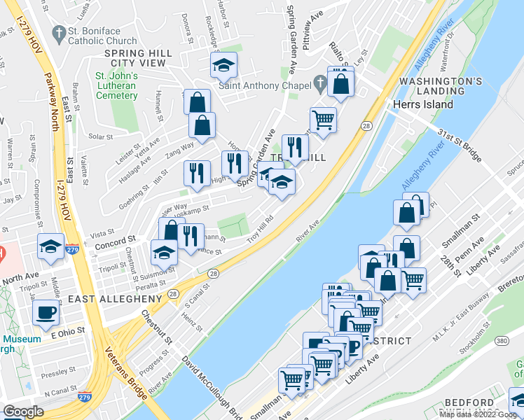 map of restaurants, bars, coffee shops, grocery stores, and more near 1114 Kilkenbeck Street in Pittsburgh