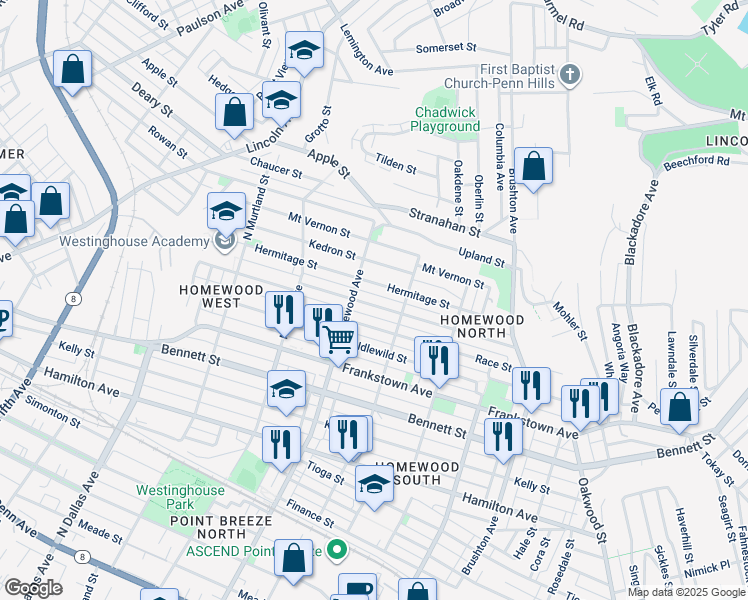map of restaurants, bars, coffee shops, grocery stores, and more near 7217 Monticello Street in Pittsburgh