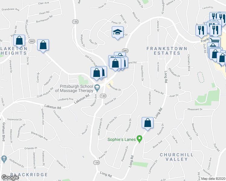 map of restaurants, bars, coffee shops, grocery stores, and more near 122 Pennoak Drive in Penn Hills