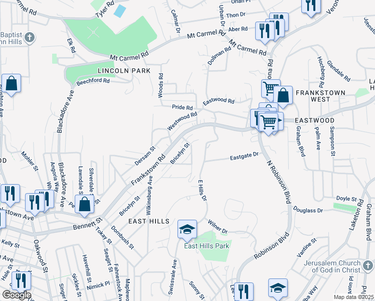 map of restaurants, bars, coffee shops, grocery stores, and more near 117 Eymard Street in Pittsburgh