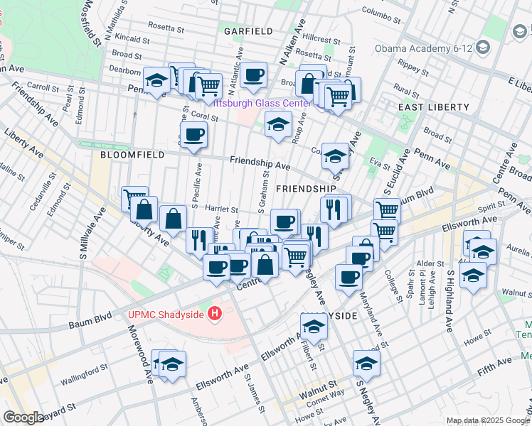 map of restaurants, bars, coffee shops, grocery stores, and more near 373 South Graham Street in Pittsburgh