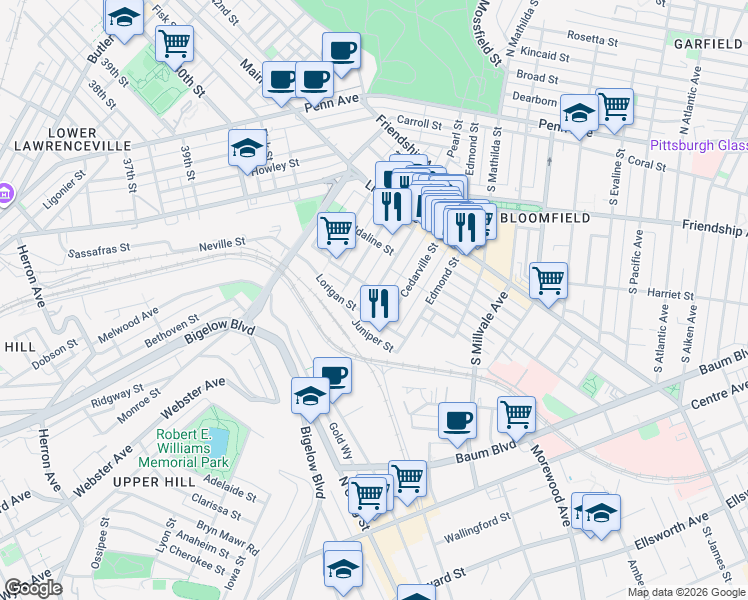 map of restaurants, bars, coffee shops, grocery stores, and more near 453 Pearl Street in Pittsburgh