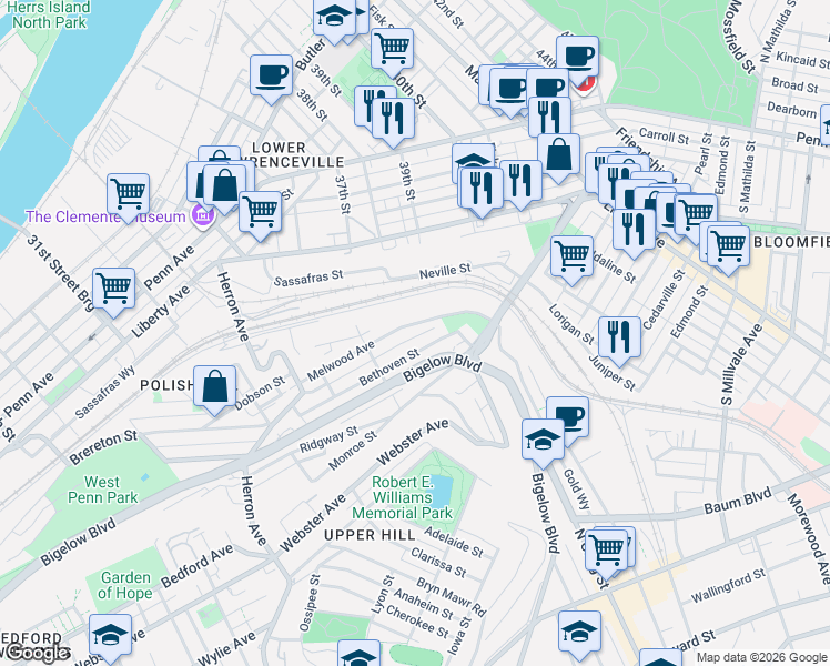 map of restaurants, bars, coffee shops, grocery stores, and more near 3626 Melwood Avenue in Pittsburgh