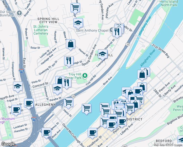 map of restaurants, bars, coffee shops, grocery stores, and more near 1321 Lowrie Street in Pittsburgh