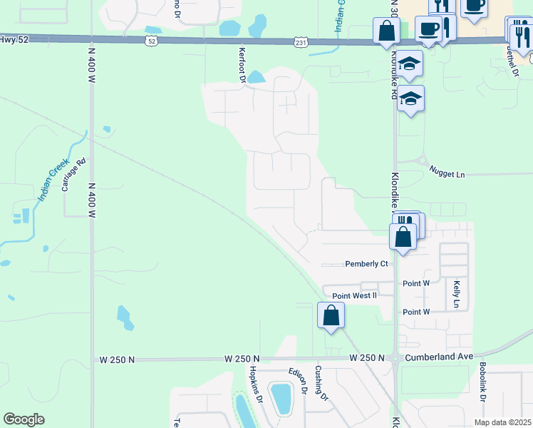 map of restaurants, bars, coffee shops, grocery stores, and more near 2867 Katmai Court in West Lafayette