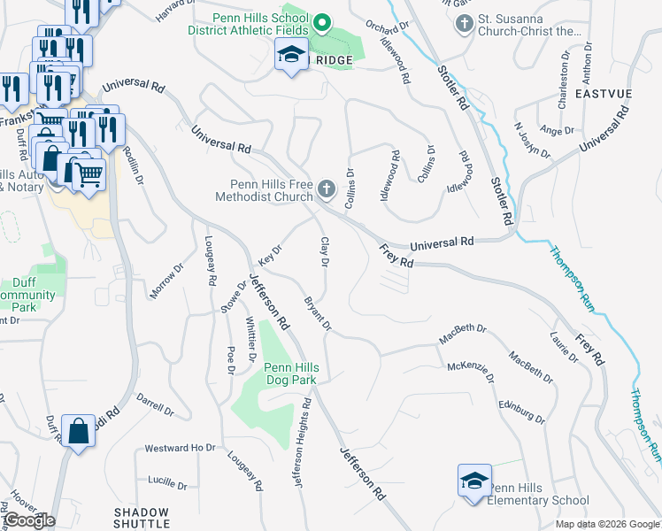 map of restaurants, bars, coffee shops, grocery stores, and more near 150 Clay Drive in Pittsburgh