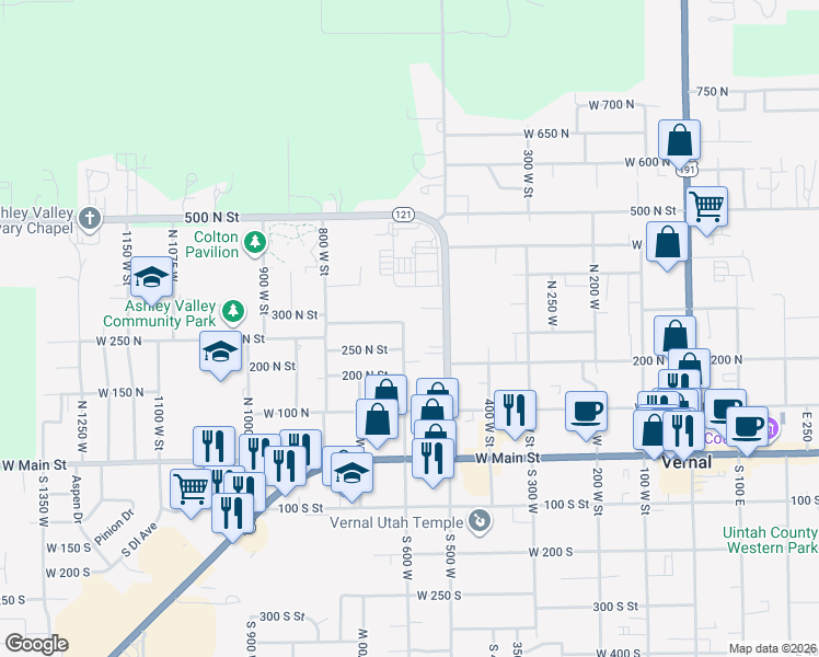 map of restaurants, bars, coffee shops, grocery stores, and more near 265 North 500 West in Vernal