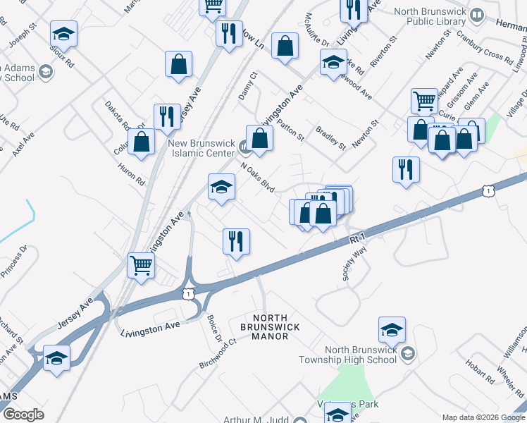 map of restaurants, bars, coffee shops, grocery stores, and more near 1319 North Oaks Boulevard in North Brunswick Township