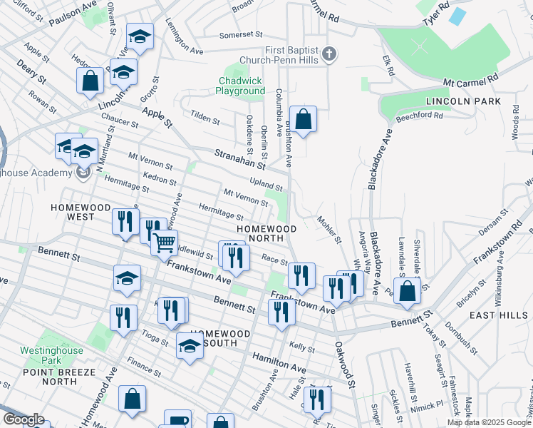 map of restaurants, bars, coffee shops, grocery stores, and more near 1209 Pineridge Street in Pittsburgh