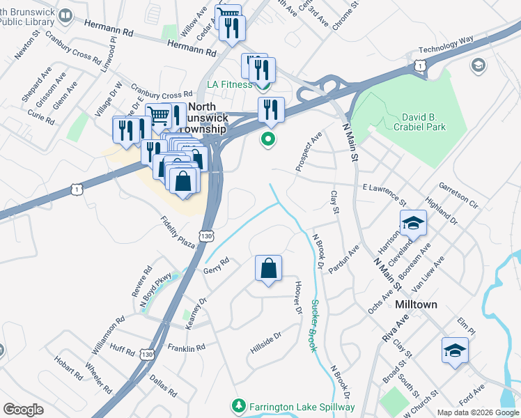 map of restaurants, bars, coffee shops, grocery stores, and more near 27 Mount Drive in North Brunswick Township