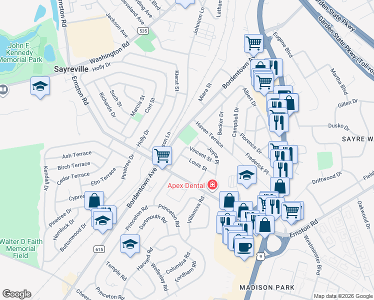 map of restaurants, bars, coffee shops, grocery stores, and more near 3 Vincent Street in Sayreville