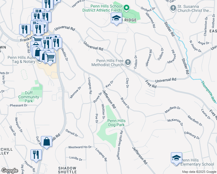 map of restaurants, bars, coffee shops, grocery stores, and more near 107 Bryant Dr in Pittsburgh