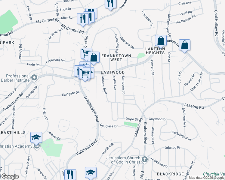 map of restaurants, bars, coffee shops, grocery stores, and more near 2068 Palm Ave in Pittsburgh
