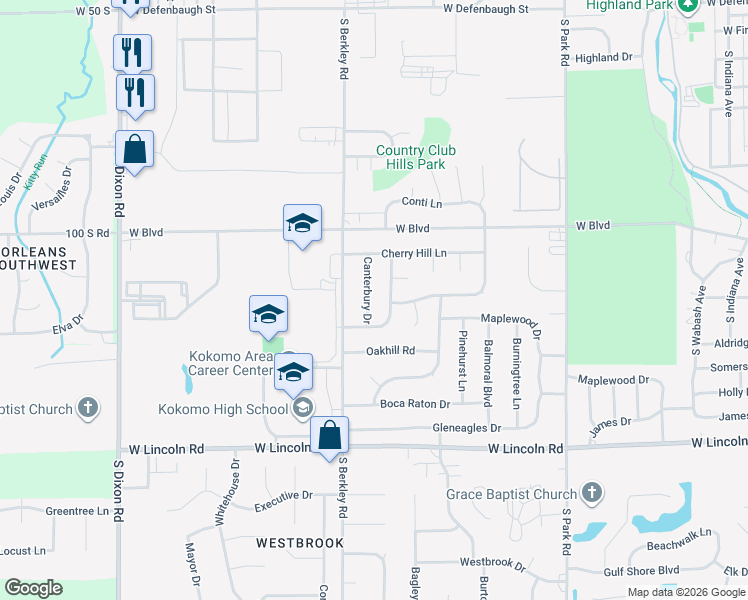map of restaurants, bars, coffee shops, grocery stores, and more near 2228 Canterbury Drive in Kokomo