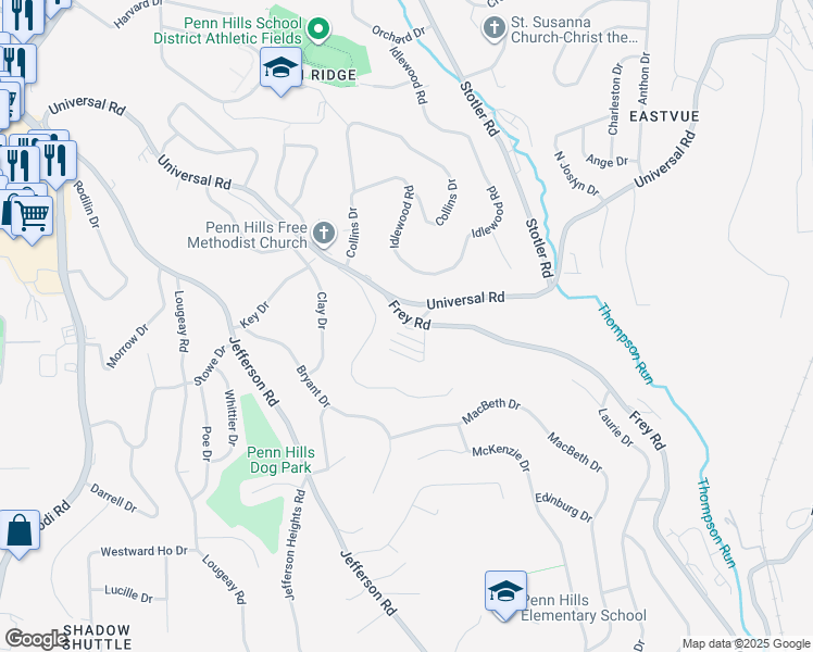 map of restaurants, bars, coffee shops, grocery stores, and more near 102 Pinewood Square in Penn Hills