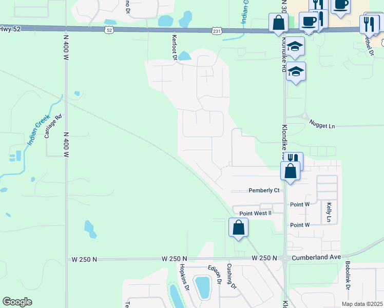 map of restaurants, bars, coffee shops, grocery stores, and more near 2867 Katmai Court in West Lafayette