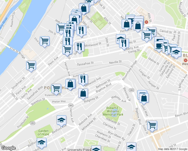 map of restaurants, bars, coffee shops, grocery stores, and more near 3443 Flavian Street in Pittsburgh