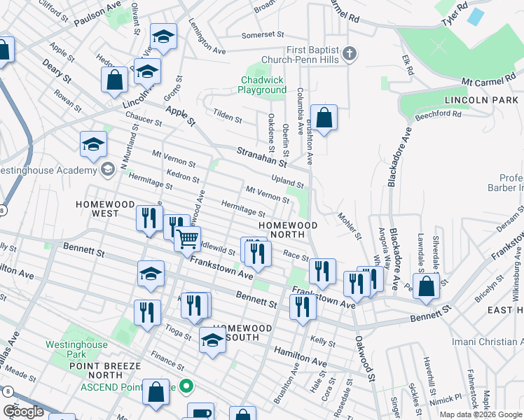 map of restaurants, bars, coffee shops, grocery stores, and more near 7335 Hermitage Street in Pittsburgh