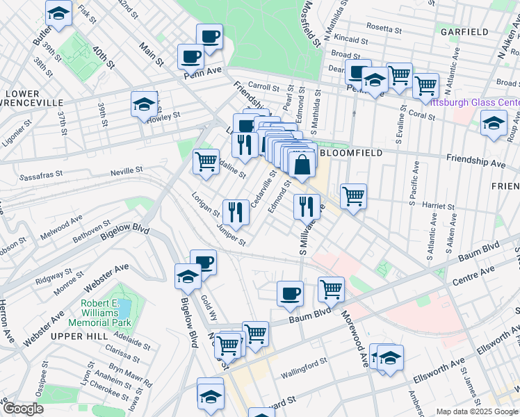 map of restaurants, bars, coffee shops, grocery stores, and more near 427 State Way in Pittsburgh