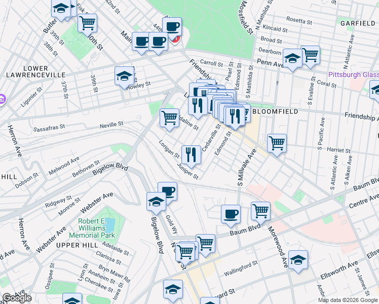 map of restaurants, bars, coffee shops, grocery stores, and more near 451 Pearl Street in Pittsburgh