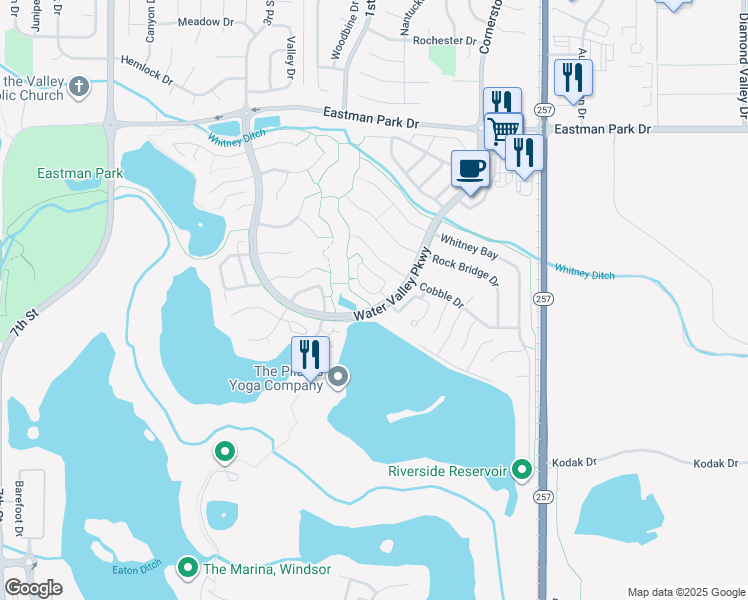 map of restaurants, bars, coffee shops, grocery stores, and more near 107 Bayside Circle in Windsor