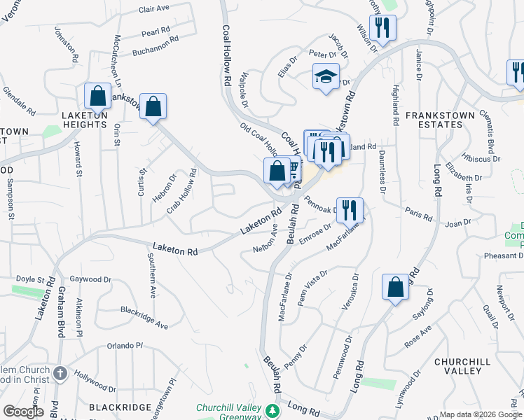 map of restaurants, bars, coffee shops, grocery stores, and more near 3541 Laketon Road in Pittsburgh