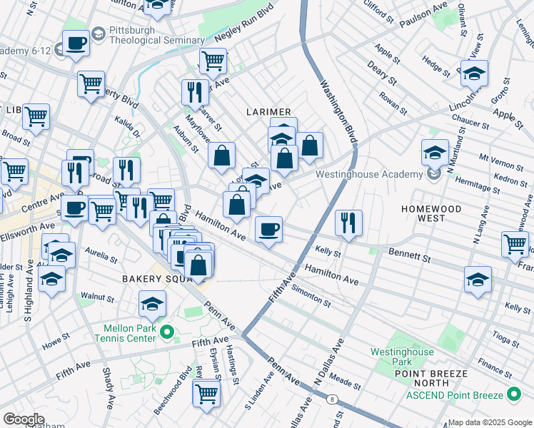 map of restaurants, bars, coffee shops, grocery stores, and more near 101 Continental Street in Pittsburgh