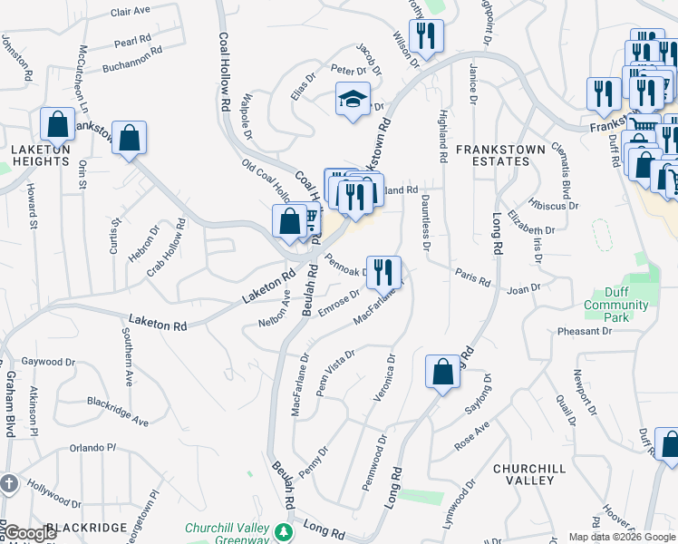 map of restaurants, bars, coffee shops, grocery stores, and more near 126 Pennoak Drive in Pittsburgh