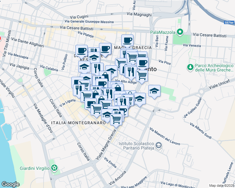 map of restaurants, bars, coffee shops, grocery stores, and more near 19 Via Cadore in Taranto