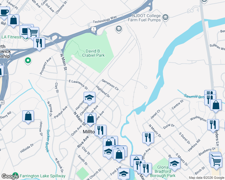 map of restaurants, bars, coffee shops, grocery stores, and more near 140 Booream Avenue in Milltown