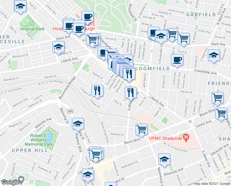 map of restaurants, bars, coffee shops, grocery stores, and more near Edmond St & Lima Way in Pittsburgh