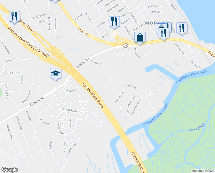 map of restaurants, bars, coffee shops, grocery stores, and more near 2316 Bayhead Drive in Sayreville