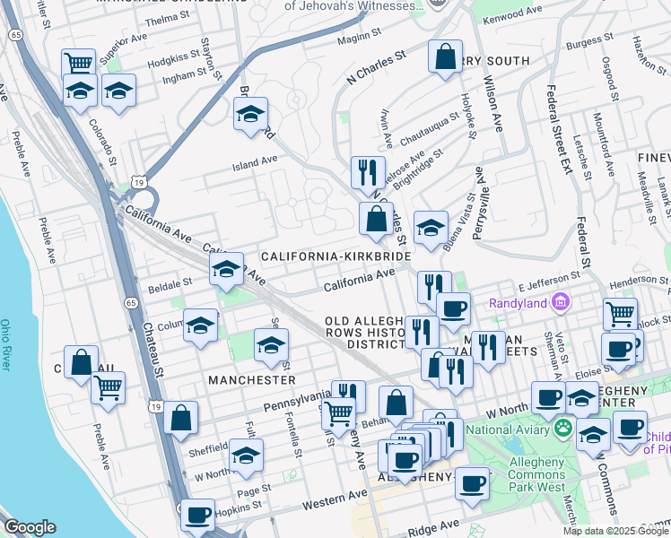 map of restaurants, bars, coffee shops, grocery stores, and more near 935 Kirkbride Street in Pittsburgh