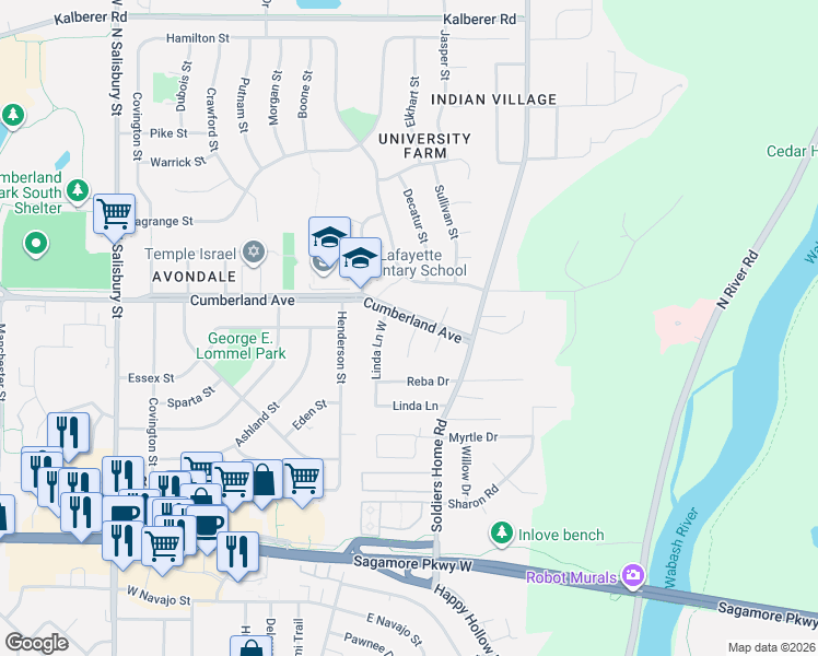 map of restaurants, bars, coffee shops, grocery stores, and more near 180 Bristol Court in West Lafayette