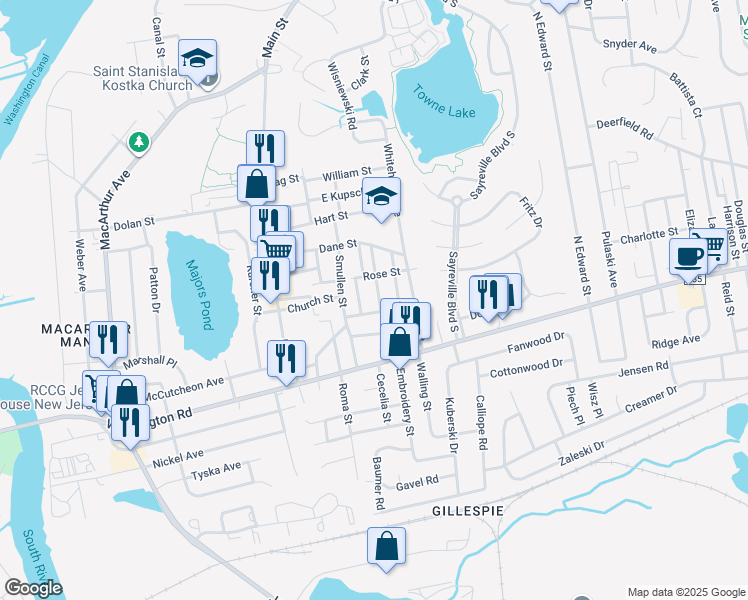 map of restaurants, bars, coffee shops, grocery stores, and more near 11 James Street in Sayreville