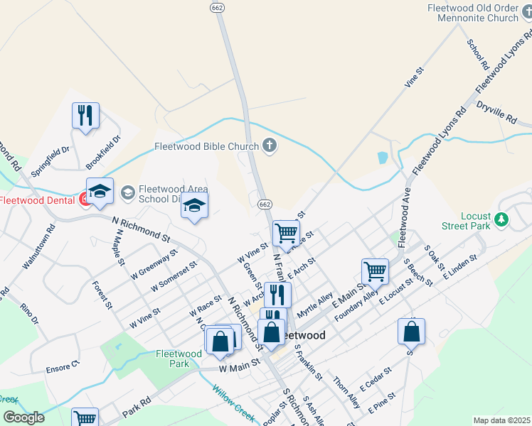 map of restaurants, bars, coffee shops, grocery stores, and more near 2870 Moselem Spring Road in Fleetwood