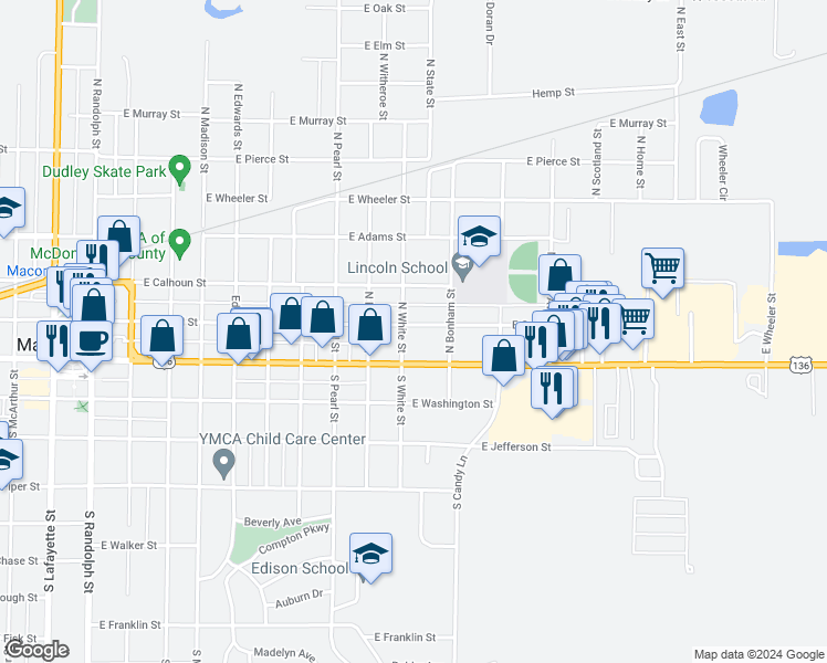 map of restaurants, bars, coffee shops, grocery stores, and more near 1111 East Carroll Street in Macomb
